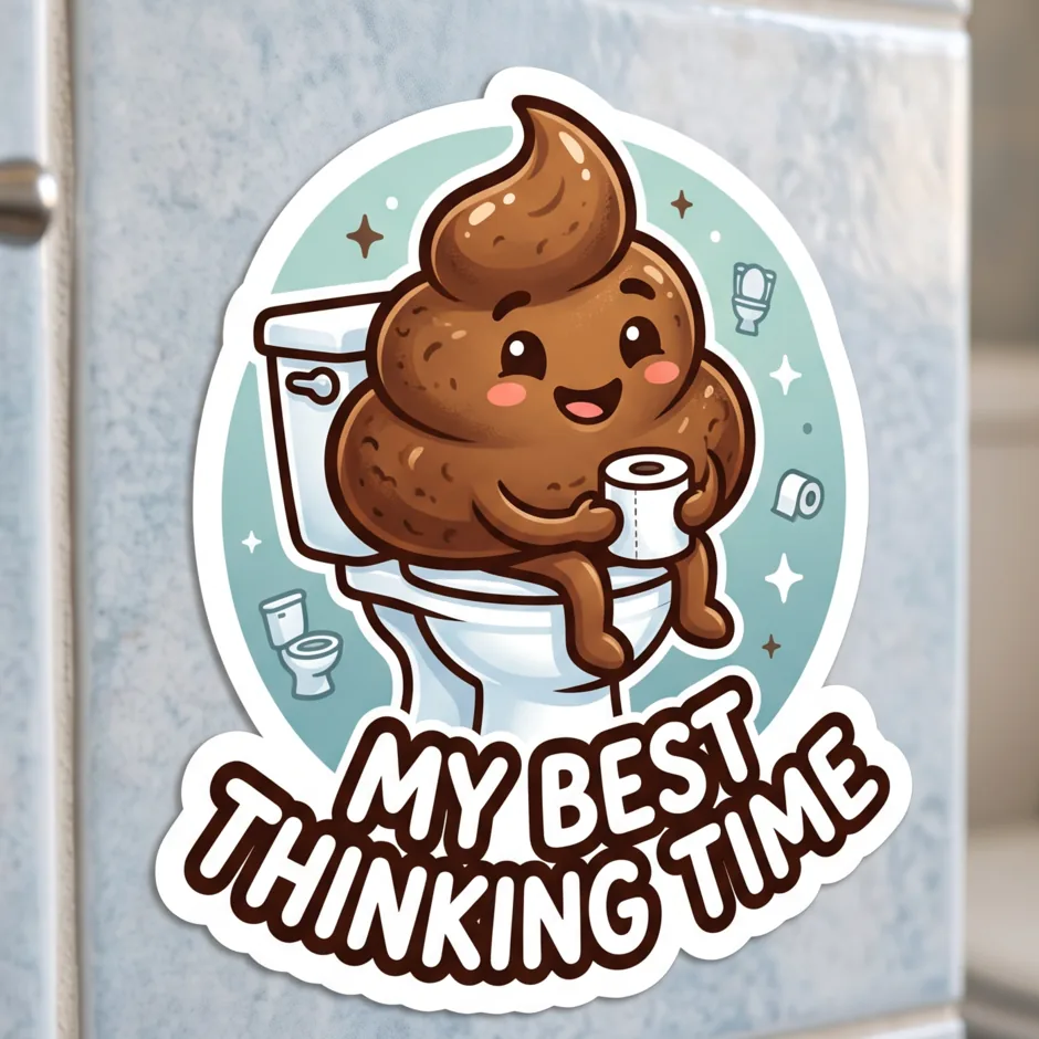 This month&rsquo;s sticker on a bathroom tile: a cartoon turd sitting on a toilet holding a roll of paper, over the words My Best Thinking Time